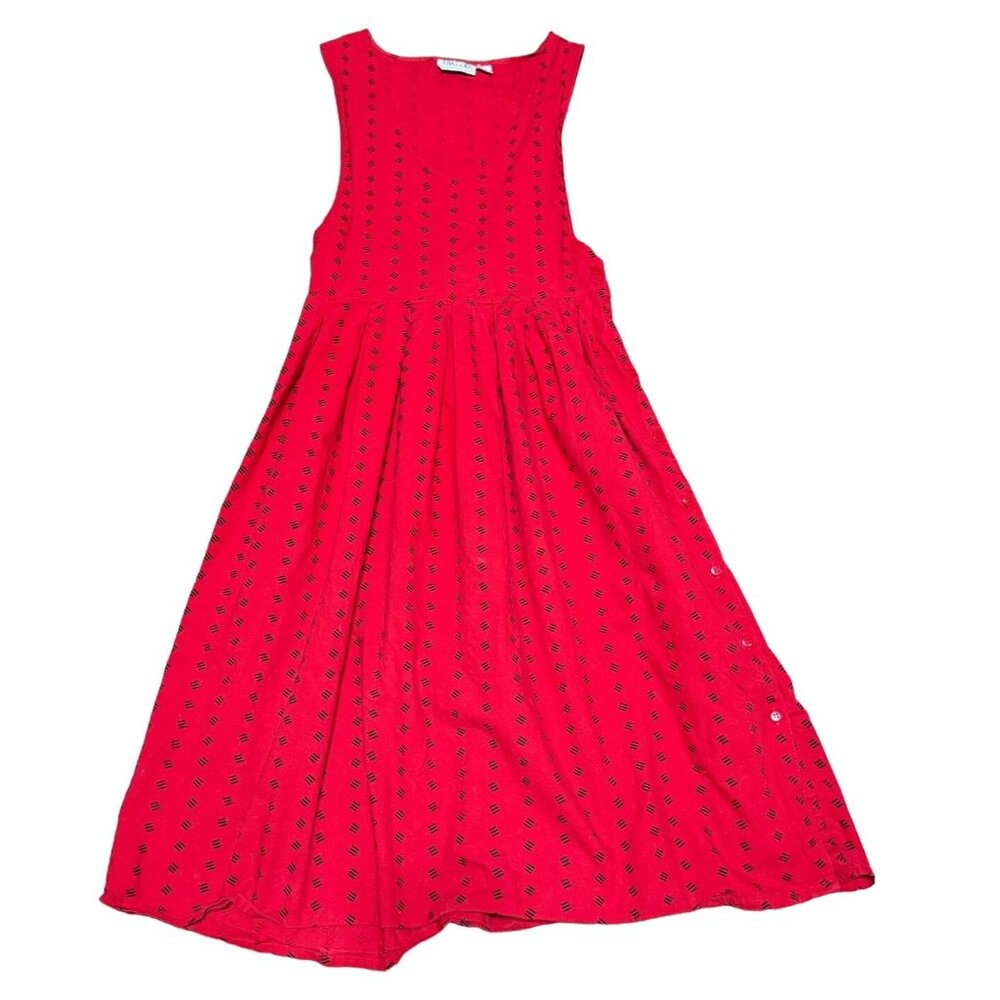 Khazana Red Cotton CottageCore Maxi Dress Sz M Side Button Scoops Collar Womens